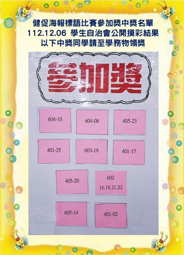 健促海報標語比賽參加獎中獎名單 112.12.06 學生自治會公開摸彩結果